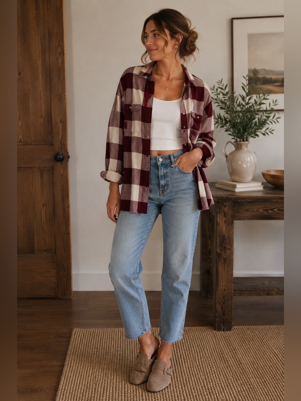 Burgundy and Cream Checkered Shirt